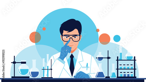 Dedicated male scientist conducting chemical experiments in a professional laboratory surrounded by glassware and scientific equipment.