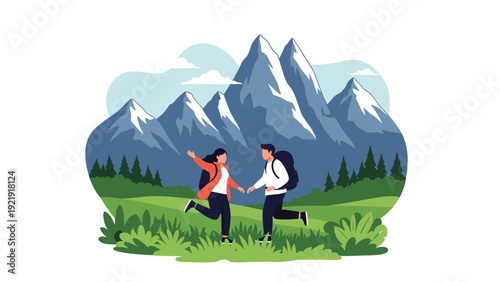 Adventurous couple hiking together in a beautiful mountain landscape during a sunny day filled with nature and exploration activities.