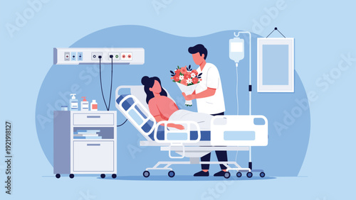 Man visiting a sick patient in a hospital room bringing a bouquet of flowers to offer support and well wishes for recovery.