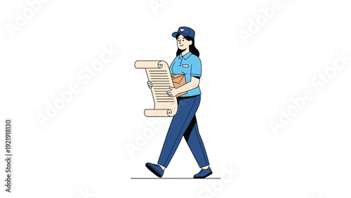 Professional female courier delivering a package and a message scroll while walking quickly to fulfill her delivery duties.