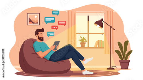 Man relaxing on a bean bag chair at home while using a tablet to communicate with friends through social media messages.