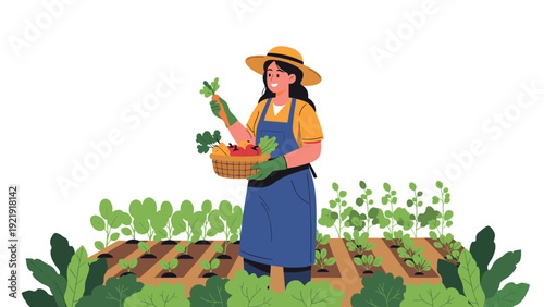 Smiling female farmer holding a basket filled with fresh organic vegetables harvested from her flourishing agricultural garden field.