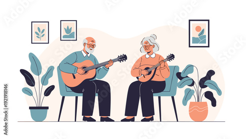 Happy elderly couple enjoying their retirement by playing musical instruments together in a cozy and comfortable home setting.