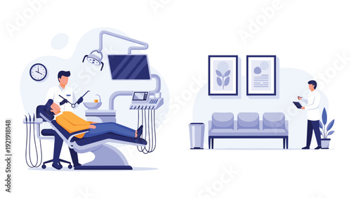 Professional dentist providing dental care to a patient in a modern medical office equipped with advanced technology and tools.