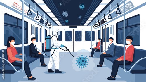 Worker in a protective hazmat suit disinfecting a public subway train to prevent the spread of viruses and bacteria.