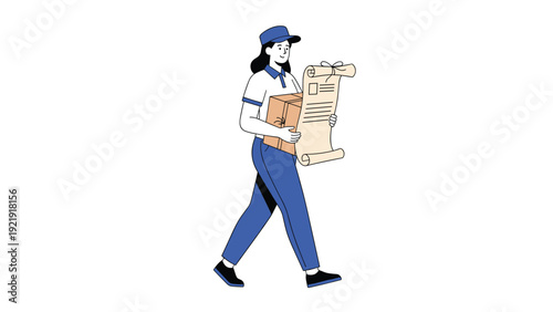 Dedicated delivery woman carrying a cardboard box and a long document scroll while performing her daily delivery service tasks.