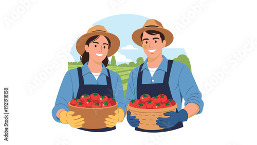 Happy male and female farmers proudly showing their fresh harvest of ripe red tomatoes in a sunny agricultural field.