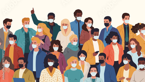 Diverse group of people wearing face masks in a public setting to prevent the spread of contagious viruses and illnesses.