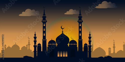Majestic Mosque Silhouette at Sunset Background with Warm Orange Horizon and Misty Clouds for Islamic Holy Month Celebration