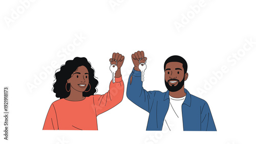 Happy couple holding up the keys to their new home celebrating a significant milestone and achievement in their life together.