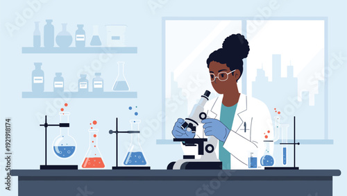 Professional female scientist using a high precision microscope to conduct medical research and analysis in a modern laboratory.