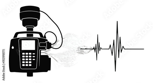 Medical cardiogram ECG monitor with heartbeat rhythm line on screen, modern healthcare technology concept, black and white illustration