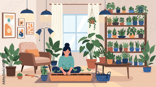 Woman enjoying her indoor gardening hobby by planting and caring for a variety of green plants in her cozy home.