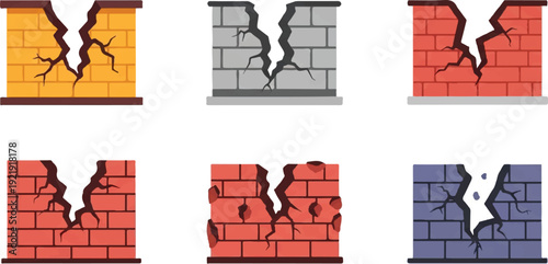 Cracked brick walls collection various colors damage concept vector illustration