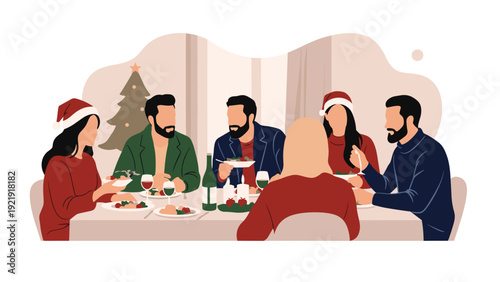 Group of friends and family enjoying a festive christmas dinner together in a warm and beautifully decorated home environment.