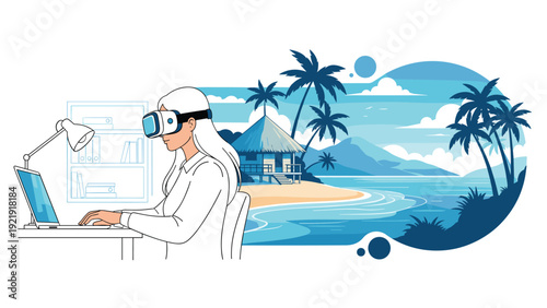 Woman using a virtual reality headset at her desk to experience an immersive tropical beach vacation from her office.