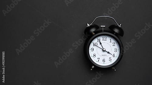 Vintage alarm clock with copy space. Clock face on black background. Time lapse. Time running fast. Analog clock. Table clock show running time. Close up in 4K, UHD