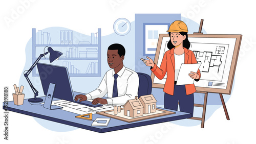 Professional architects collaborating on a new house design using architectural models and digital blueprints in their office.