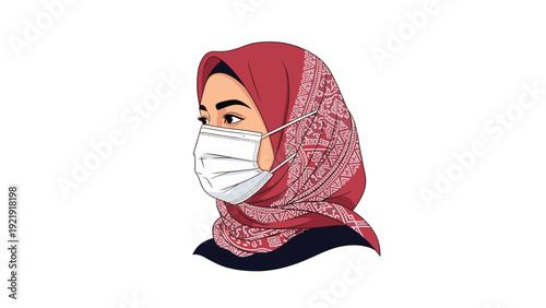 Profile portrait of a muslim woman wearing a traditional hijab and a protective face mask for health and safety reasons.
