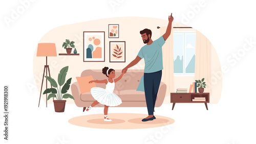 Black father and his young daughter in a white tutu dance together in a cozy living room decorated with framed art.