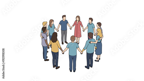 Large group of diverse people stand in a circle and hold hands to represent unity, global community, and cooperation.