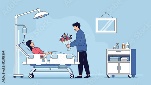 Young man visits a woman in a hospital bed and brings a large bouquet of colorful flowers to wish her a fast recovery.