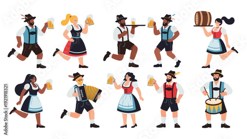Various men and women in traditional German Oktoberfest outfits dance and celebrate while holding large beer mugs.