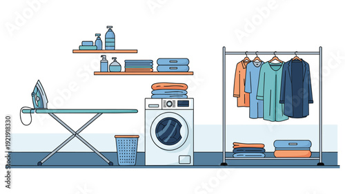 Modern laundry room interior features a washing machine, ironing board with iron, and clothes hanging on a storage rack.