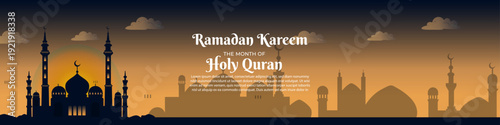 Panoramic Islamic Banner for Ramadan Kareem Featuring Mosque Skyline Silhouette against Warm Orange Sunset and Twilight Sky with Greeting Text