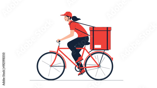 Delivery woman in a red uniform and cap rides a bicycle with a large thermal box to deliver food or packages.