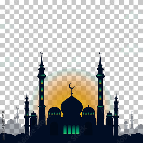 Intricate Mosque Silhouette with Minarets and Dome Isolated on Transparent Background Featuring Glowing Orange Sun for Custom Islamic Design