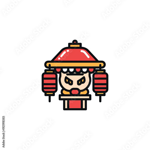 Illustration of a traditional Chinese lion dance performer with red lanterns and pagoda hat