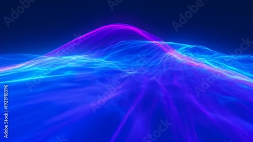 Abstract glowing landscape with neon blue and purple waves on dark background