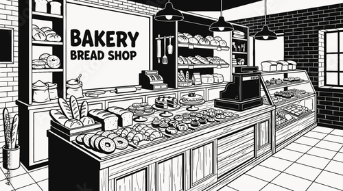 bakery food shop interior store counter shelf bread pastry display customer retail market product commerce business design vector illustration