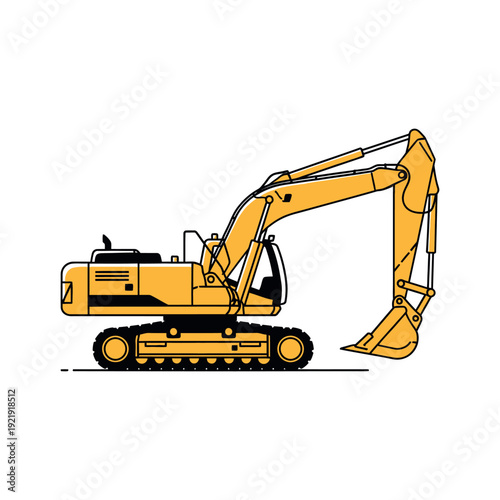 Heavy machinery excavator in action, side view illustration on white background