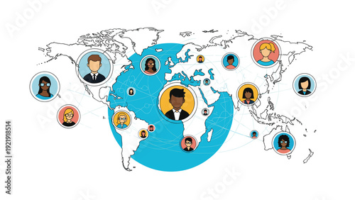 Global communication network illustration showing a world map with diverse people connected by lines representing international teamwork.