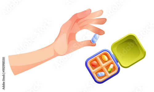 A small pillbox for pills and medications, with four compartments, a human hand sorting the pills. A plastic box, an organizer for distributing pills, top view.