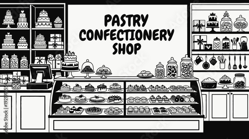 confectionery food shop interior store counter shelf cake candy display customer retail market product commerce business design vector illustration