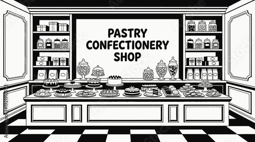 confectionery food shop interior store counter shelf cake candy display customer retail market product commerce business design vector illustration
