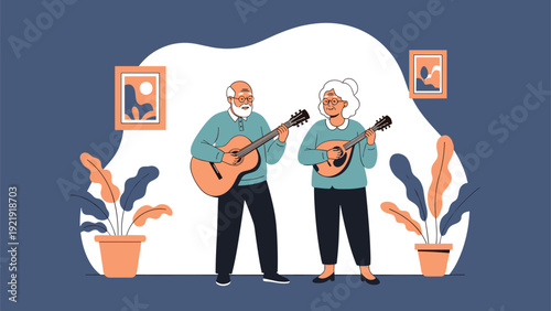 Happy elderly man and woman standing together in their living room while playing a guitar and a mandolin for a joyful musical session.