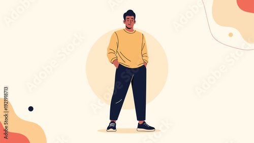 Full length portrait of a confident young man standing with hands in his pockets against an abstract geometric background.