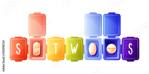 Weekly multi-colored pillbox for pills and medicines, partially closed and open. The names of the days of the weeks are on the covers. Plastic box, organizer for distributing tablets, top view.