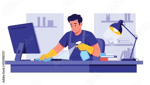 Professional janitor in yellow gloves and an apron cleans an office desk and computer screen with a spray bottle.