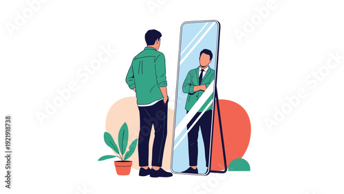 Stylish man in professional attire stands before a large mirror, checking his personal appearance and clothing style.