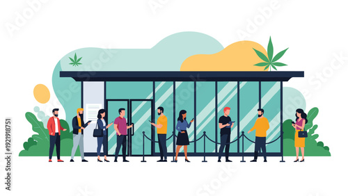 Group of diverse customers waiting in a queue outside a modern glass dispensary store for retail cannabis products.