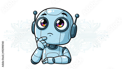 Thoughtful little blue robot touches its chin while contemplating in front of a white background with digital circuit board lines.