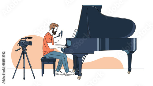 Professional musician plays a grand piano while being recorded by a video camera on a tripod for a virtual concert or music video.