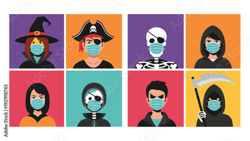 Eight characters in various Halloween costumes like a witch, pirate, and skeleton wear protective face masks during the pandemic.