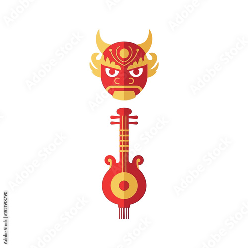 Traditional Chinese opera mask and instrument illustration on white background