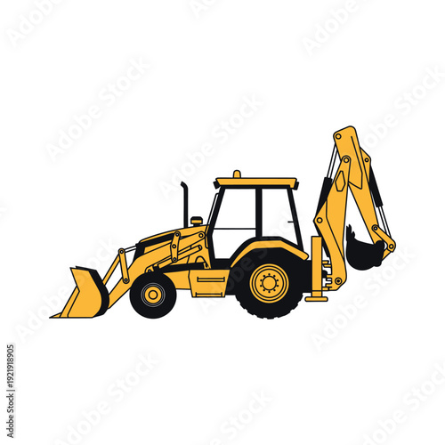 Yellow backhoe loader illustration on white background, viewed from side, showcasing heavy machinery.